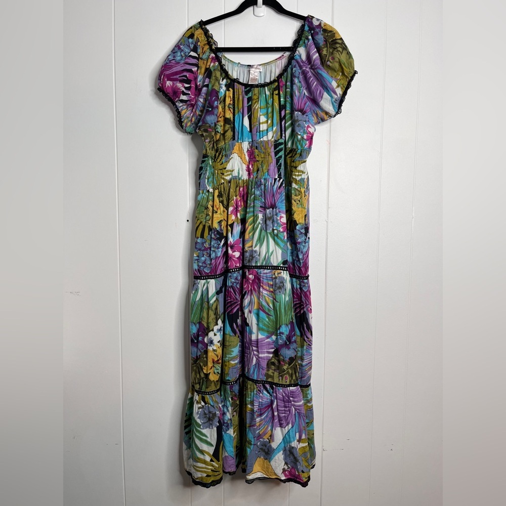 Monroe and Main Tropical Floral Maxi Dress Tiered Cotton Purple Green Women's XL